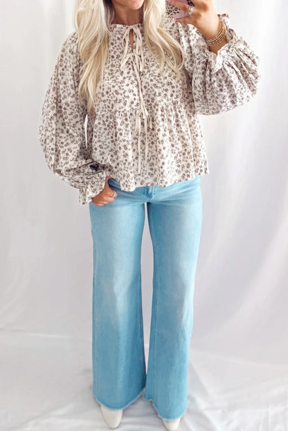 White Bow Tie Front Floral Print Flounce Sleeve Peplum Blouse