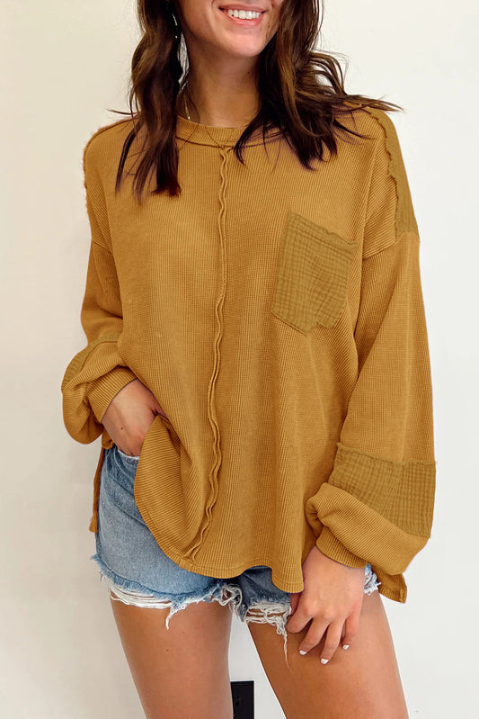 Brown Waffle Crinkle Patchwork Long Sleeve Top