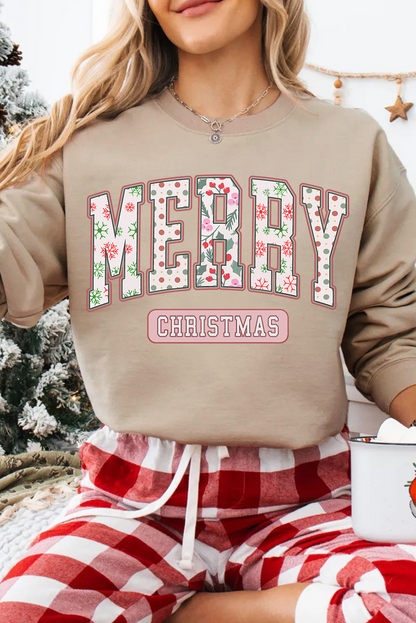 Khaki MERRY CHRISTMAS Letter Graphic Sweatshirt