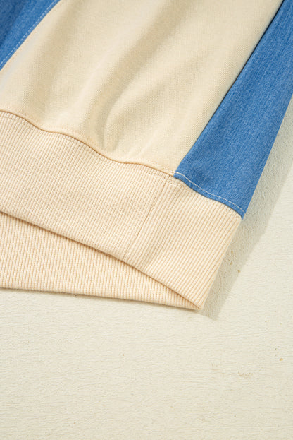 Black Stripe Denim Color Block Quarter Zip Baggy Drawstring Hoodie