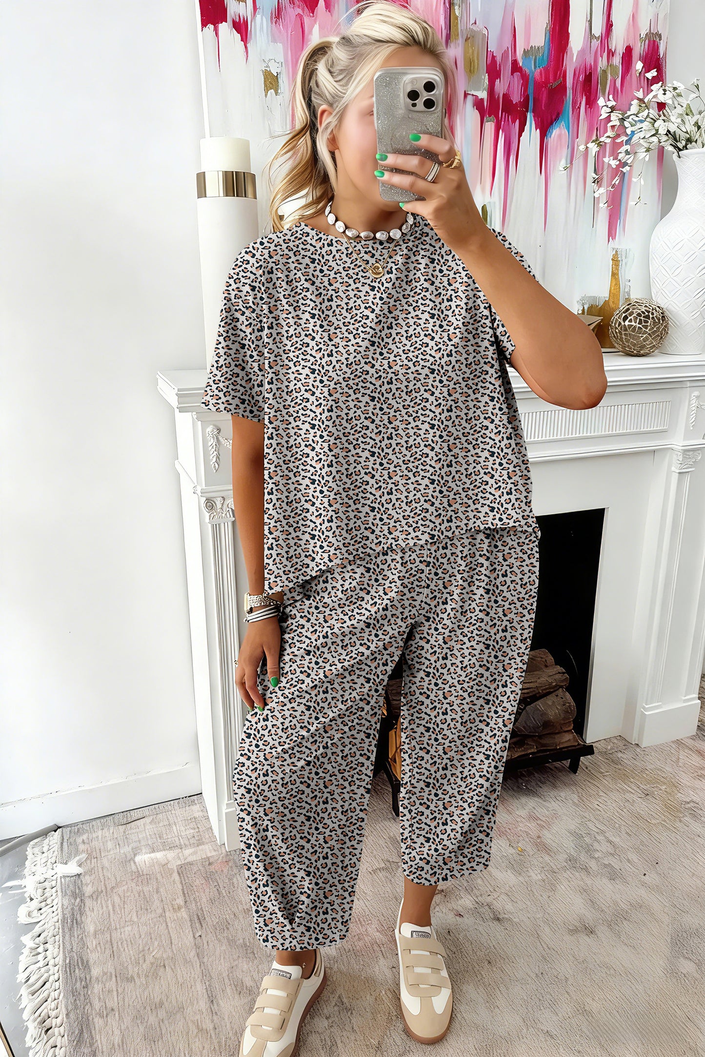 Brown Leopard Loose Tee Drawstring Waist Barrel Pants Set