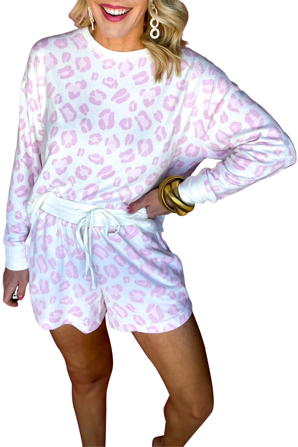 Pink Leopard Print Plus Size Long Sleeve Top and Shorts Set