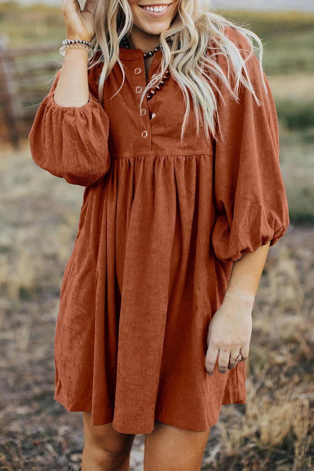 Light Blue Snap Button Empire Waist Lantern Sleeve Corduroy Dress