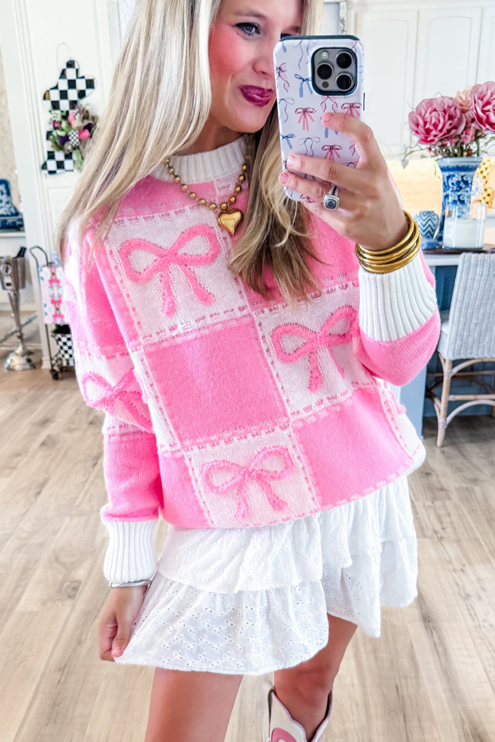 Pink Sweet Bow Two Tone Checkered Sweater