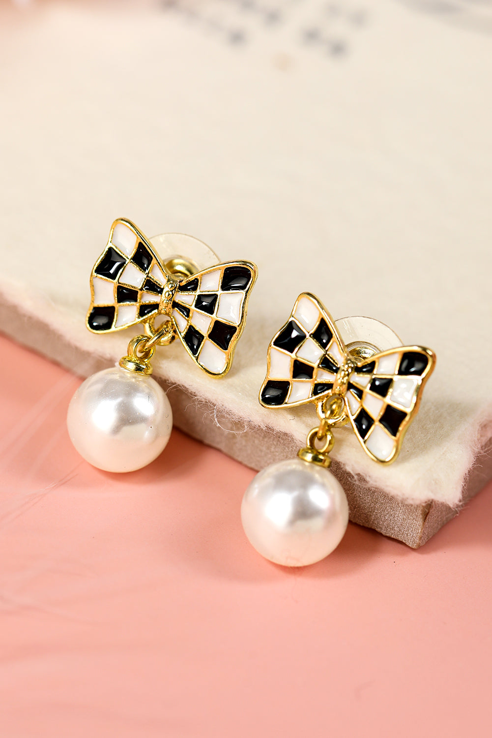 Black Checkered Bow Pearl Drop Earrings