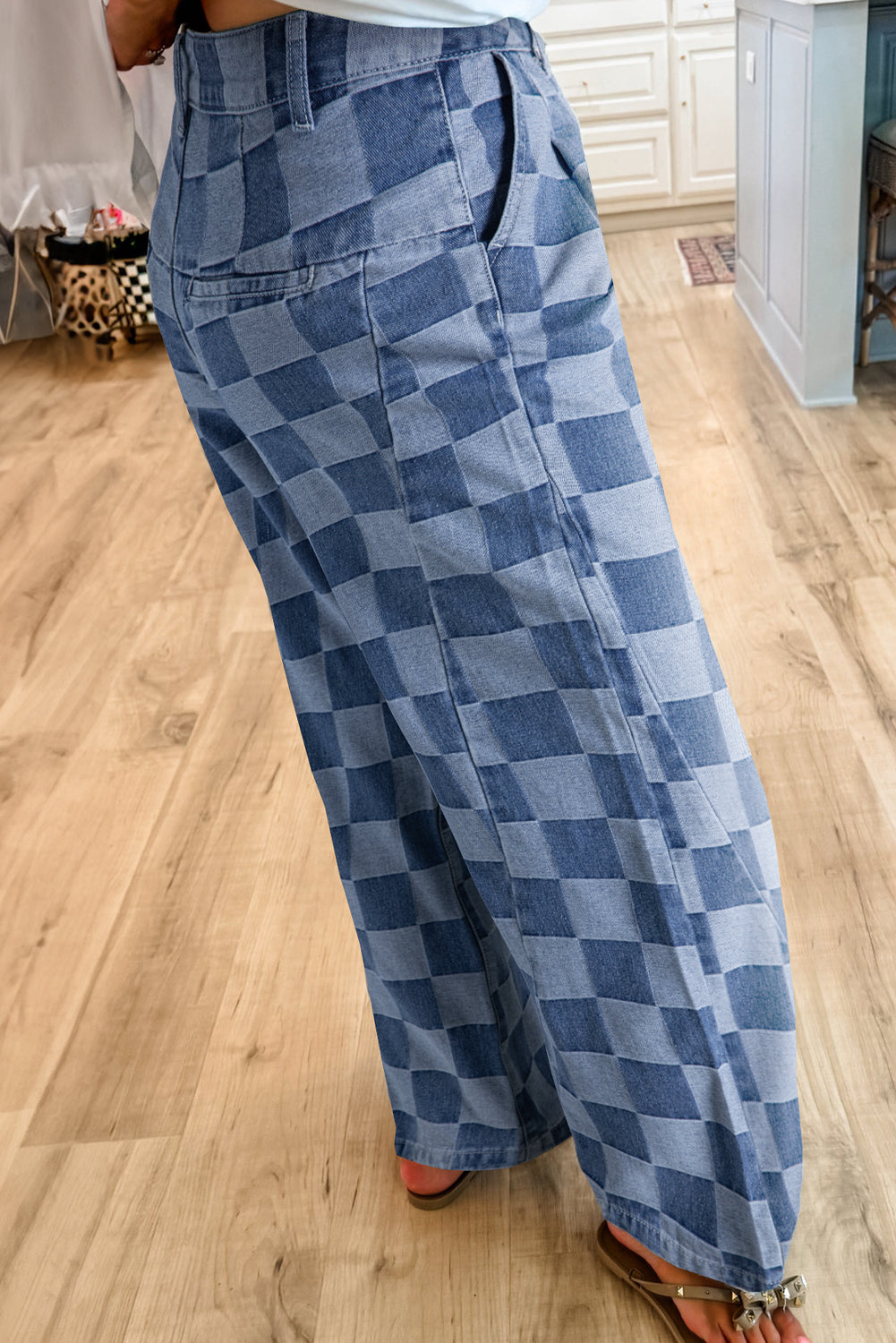 Dusk Blue Checkered Light Washed Wide Leg Jeans