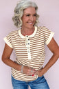 Khaki Stripe Half Buttons Round Neck T Shirt