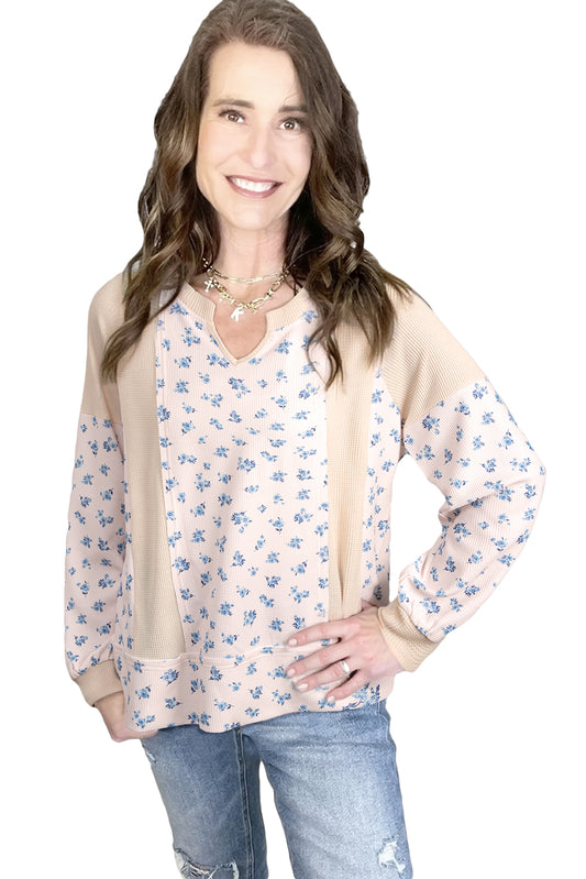 Beige Floral Print Waffle Patchwork Balloon Sleeve V Neck Oversized Top