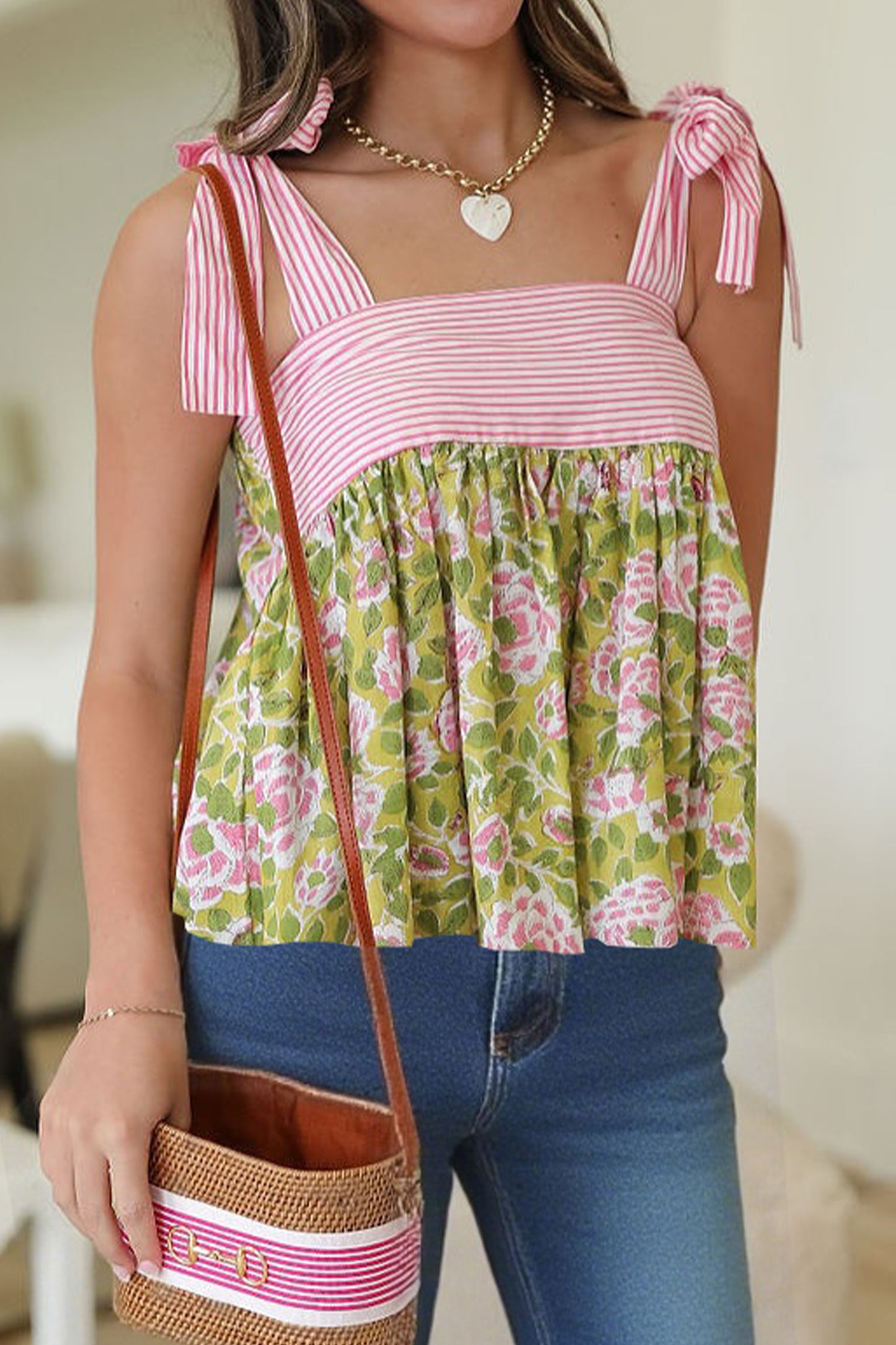 Pink Fashion Printed Knot Straps Babydoll Tank Top