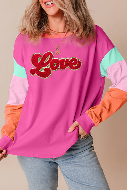 Rose Red Chenille Love Patched Colorblock Long Sleeve Crewneck Top