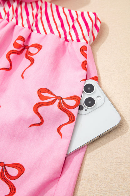 Pink Bow Print Striped Patchwork Elastic Waist Lace Trim Loose Shorts