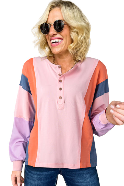 Pink Colorblock Long Sleeve Buttons Henley Top