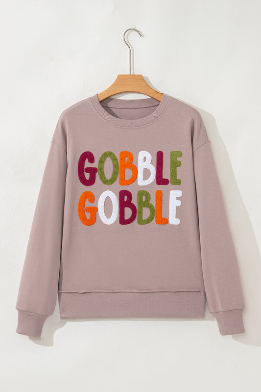 Dark Khaki GOBBLE Letter Graphic Thanksgiving Sweatshirt