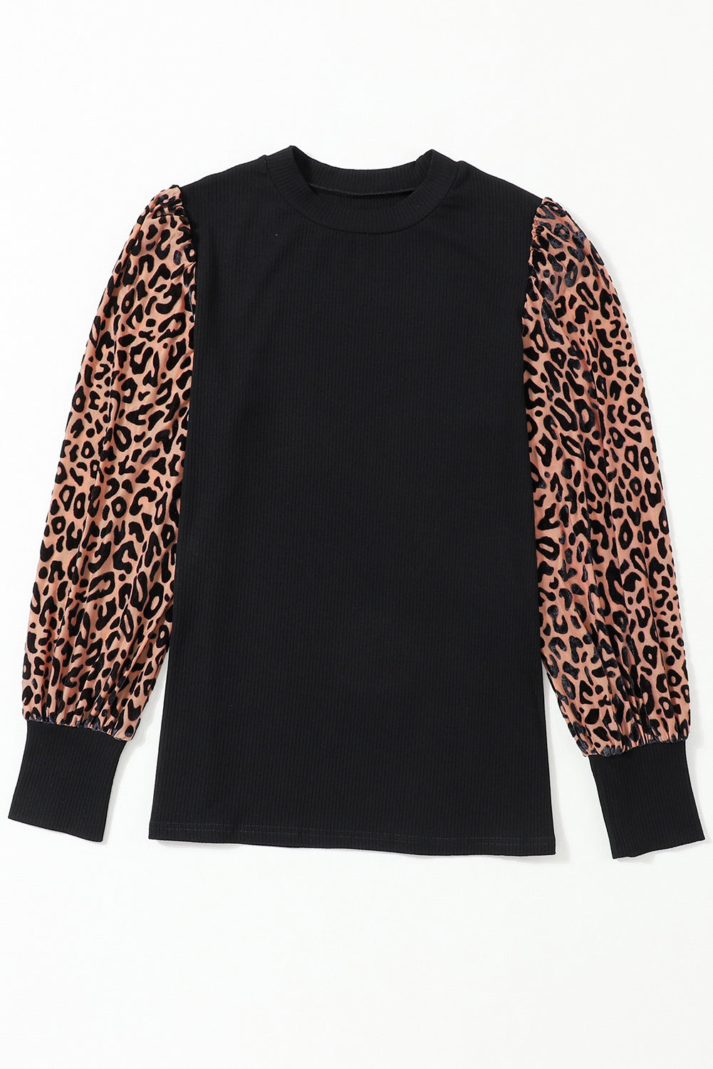 Apricot Leopard Print Long Sleeve Ribbed Knit Blouse