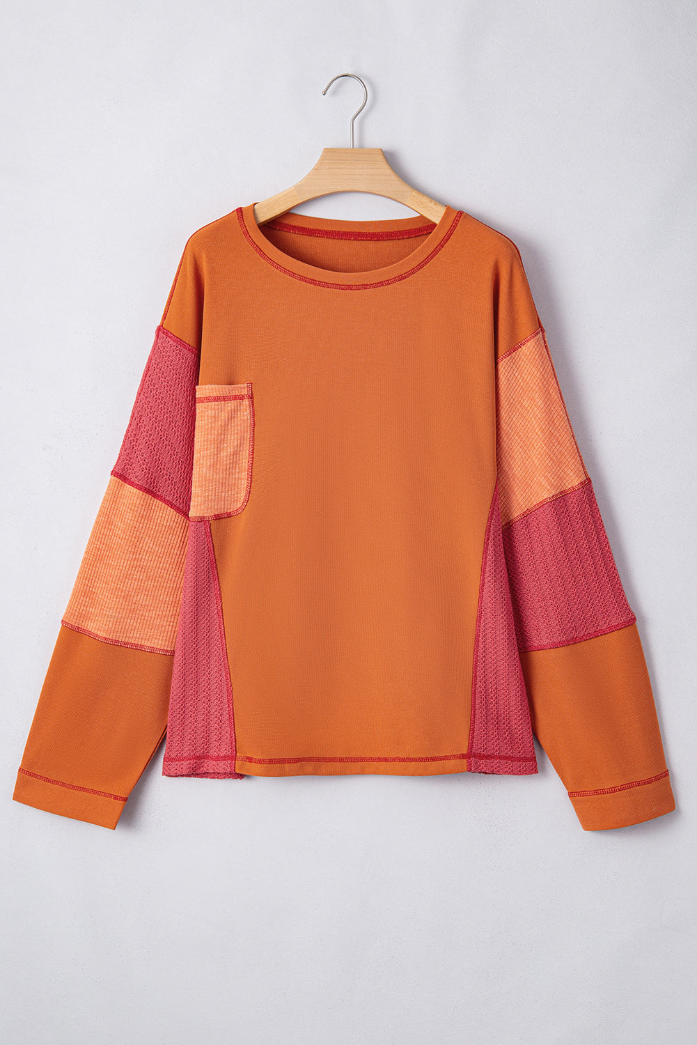 Orange Waffle Patchwork Chest Pocket Plus Size Top