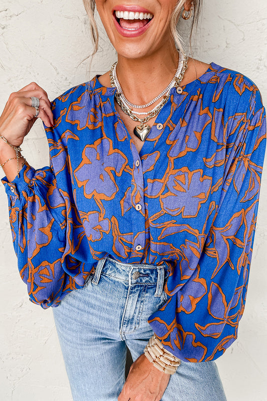 Blue Floral Print Batwing Sleeve Button Loose Fit Blouse