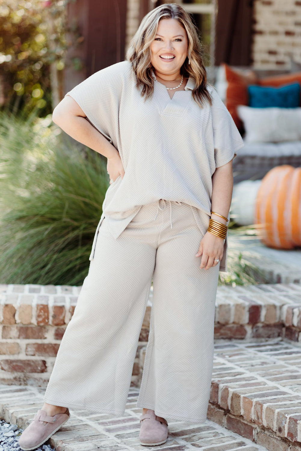 Beige Plus Size Textured Collared Top and Drawstring Pants Set