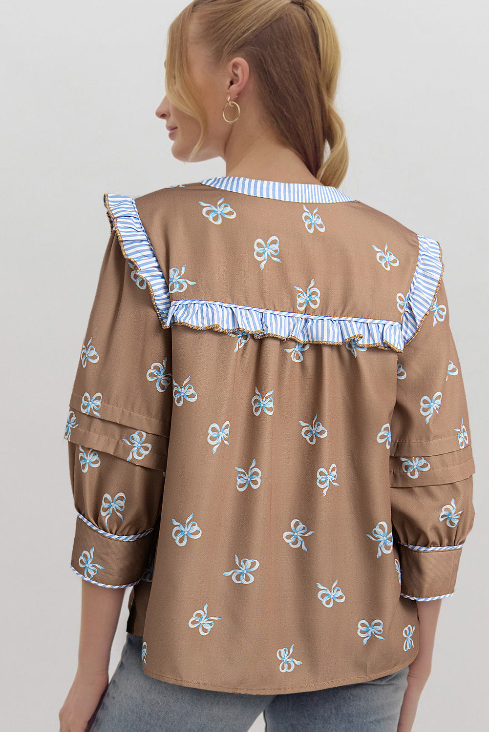 Brown Bow Print V Neck Puff Sleeve Blouse