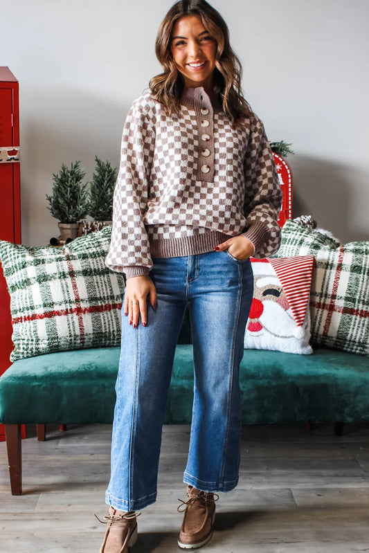 Dark Brown Plaid Contrast Trim Button Neck Sweater