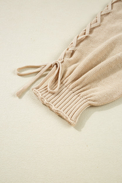 Parchment Cable Knit Braided Tie Sleeve Plus Size Knit Cardigan