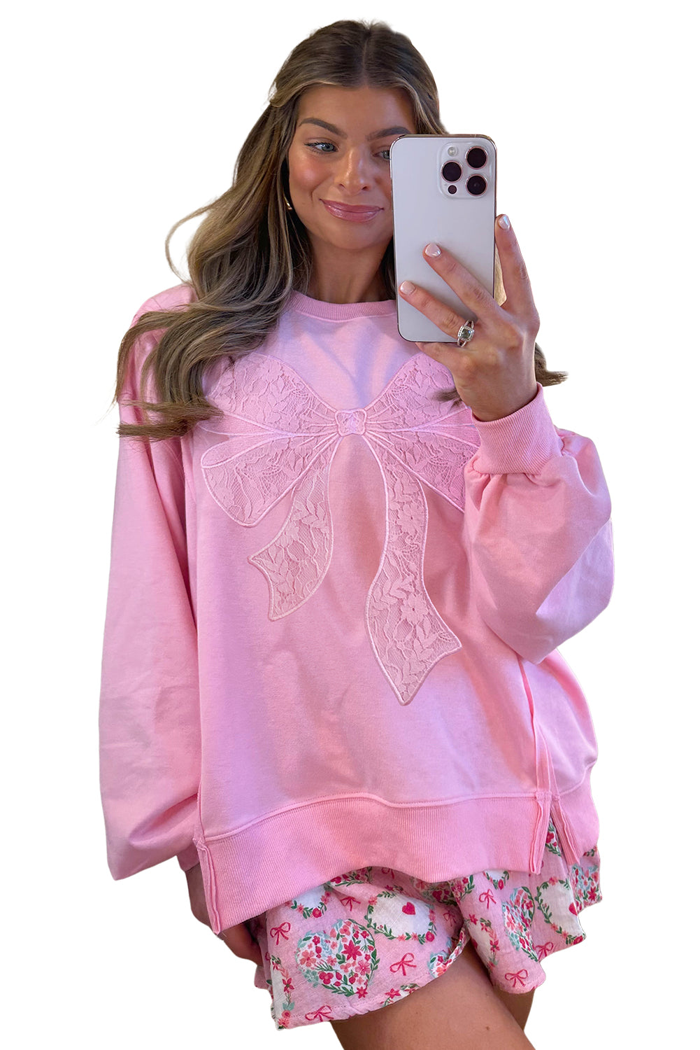 Bonbon Lace Bow Embroidered Exposed Seam Sweatshirt