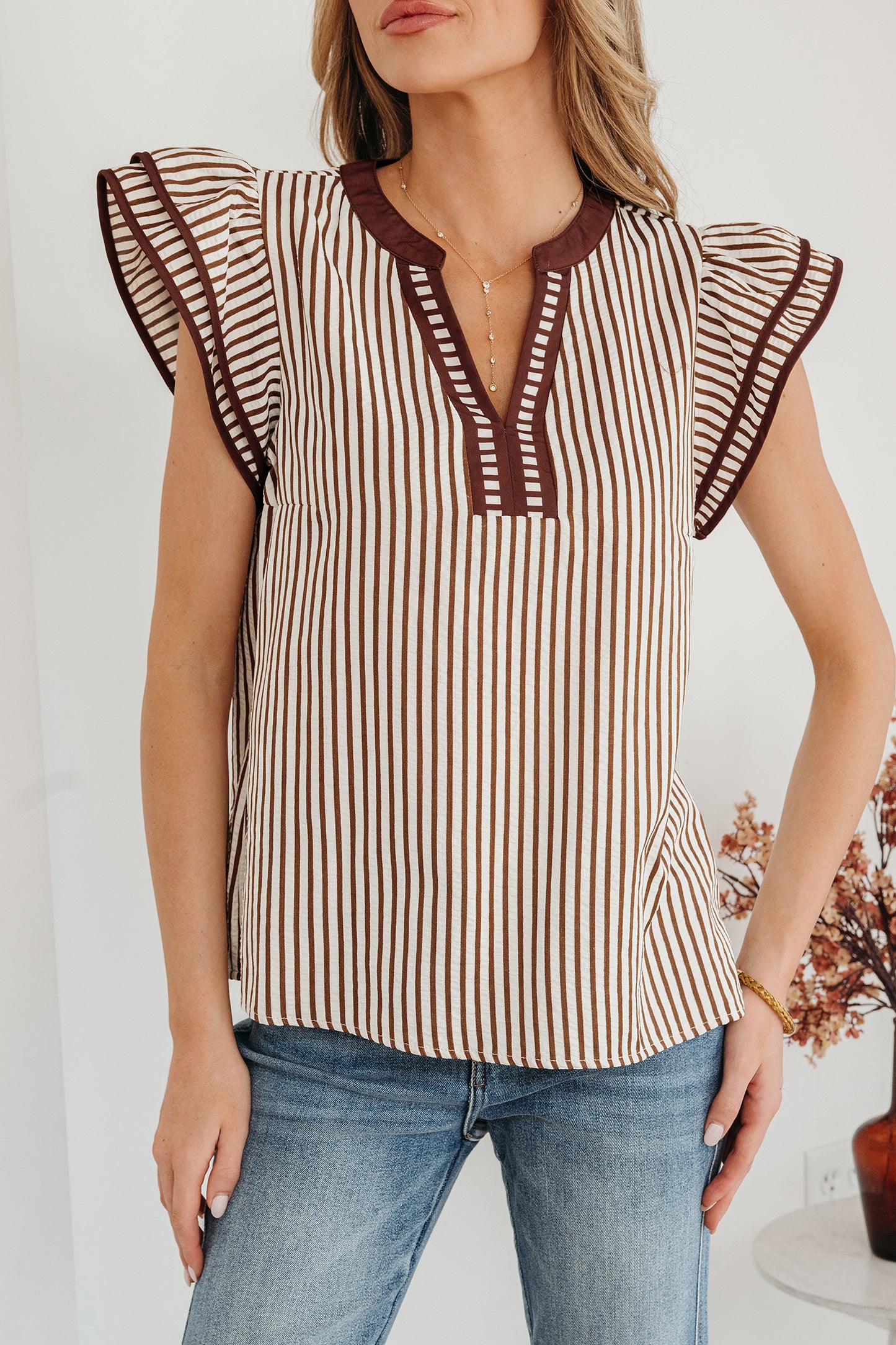 Black Stripe Double Ruffled Short Sleeve V Neck Blouse