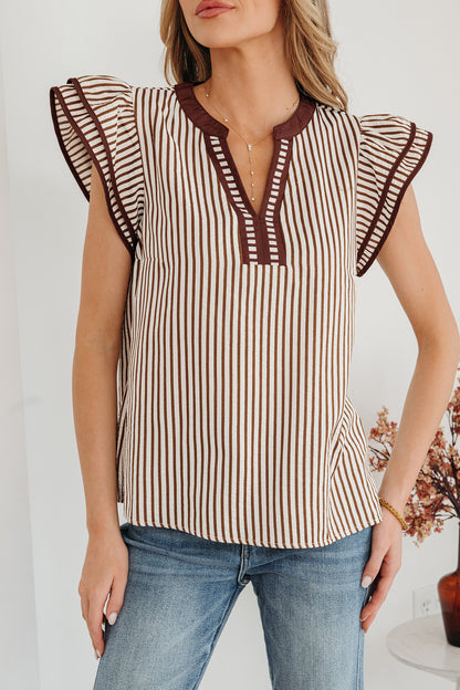 Black Stripe Double Ruffled Short Sleeve V Neck Blouse