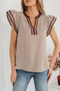 Black Stripe Double Ruffled Short Sleeve V Neck Blouse