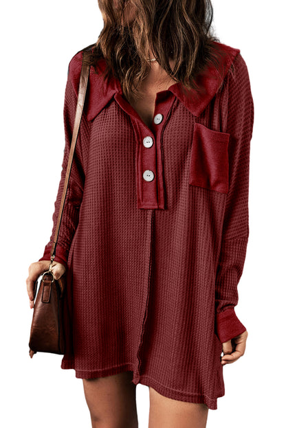 Red Waffle Pocket Seam Patchwork Loose Top