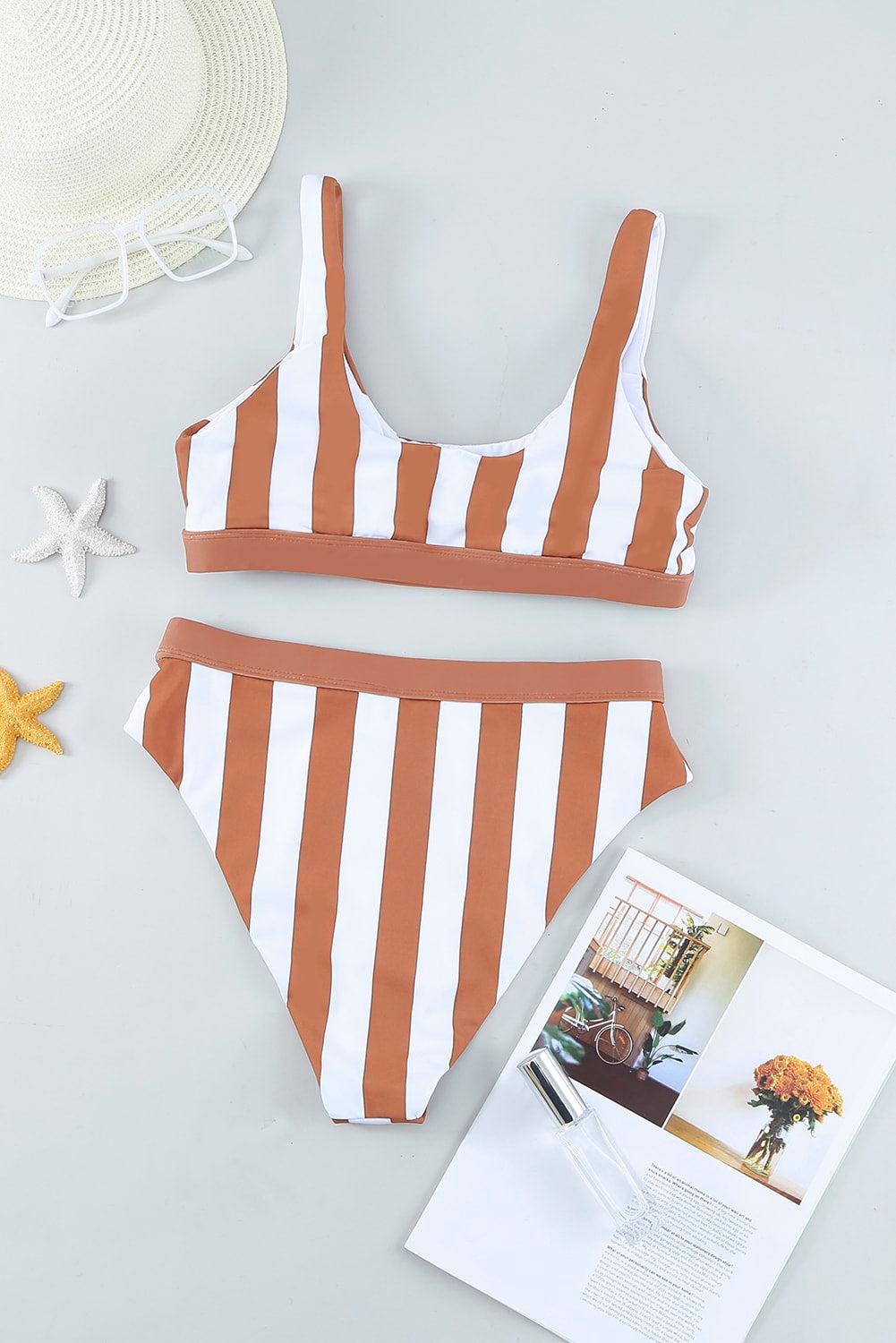 Brown Striped Colorblock Bikini Swimsuit