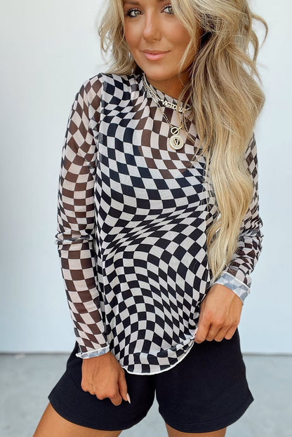 Khaki Checkered Pattern Mesh Long Sleeve Top