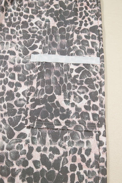 Khaki Plus Size Leopard Print Raw Edge Patch Pocket Drawstring Loose Pants