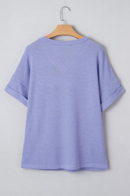 Clearly Aqua Waffle V Neck Short Sleeve Knit Top