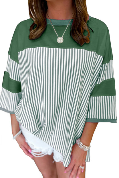 Dark Khaki Striped Patchwork Oversized Tee