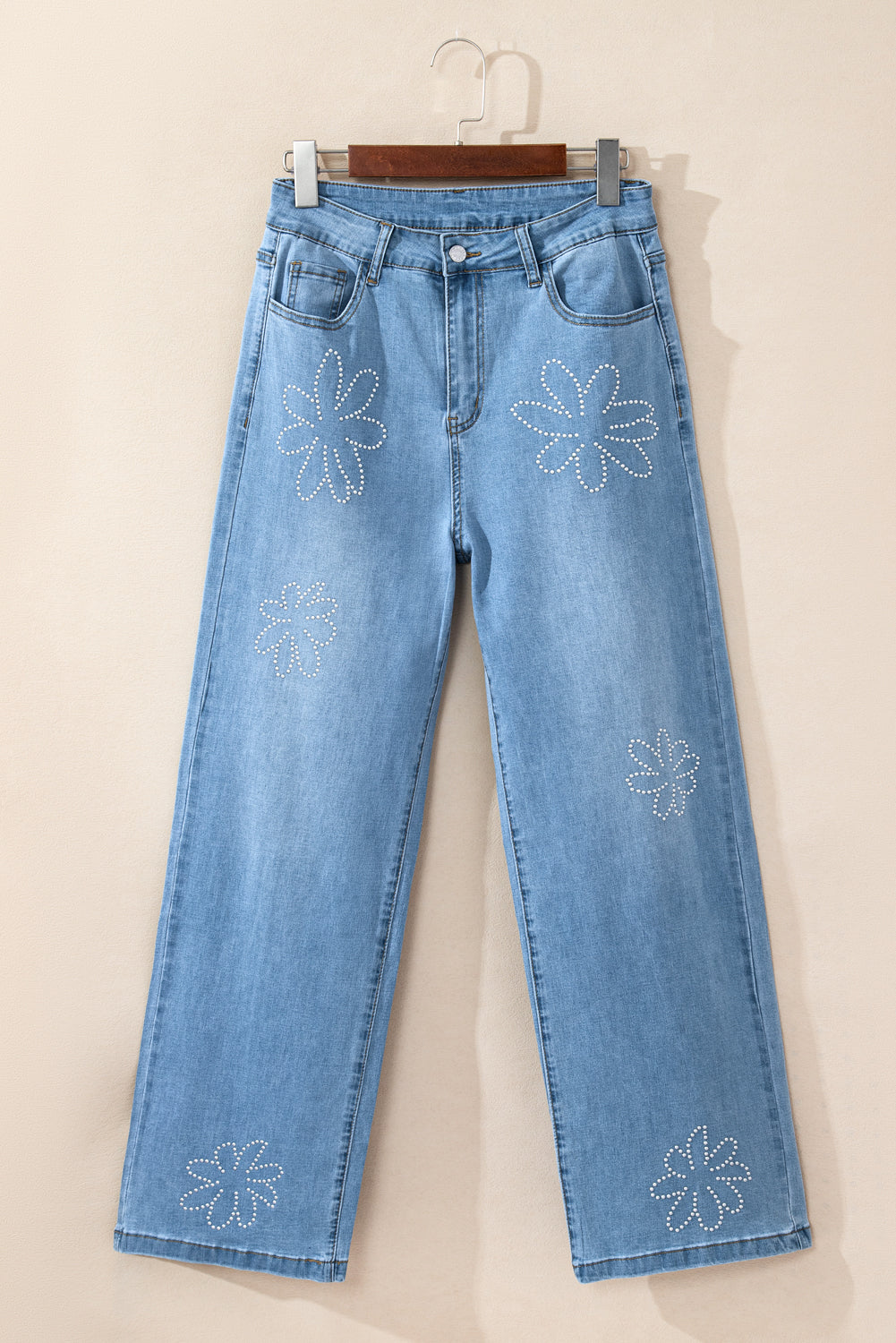 Light Blue Floral Beads Decor High Rise Wide Leg Jeans