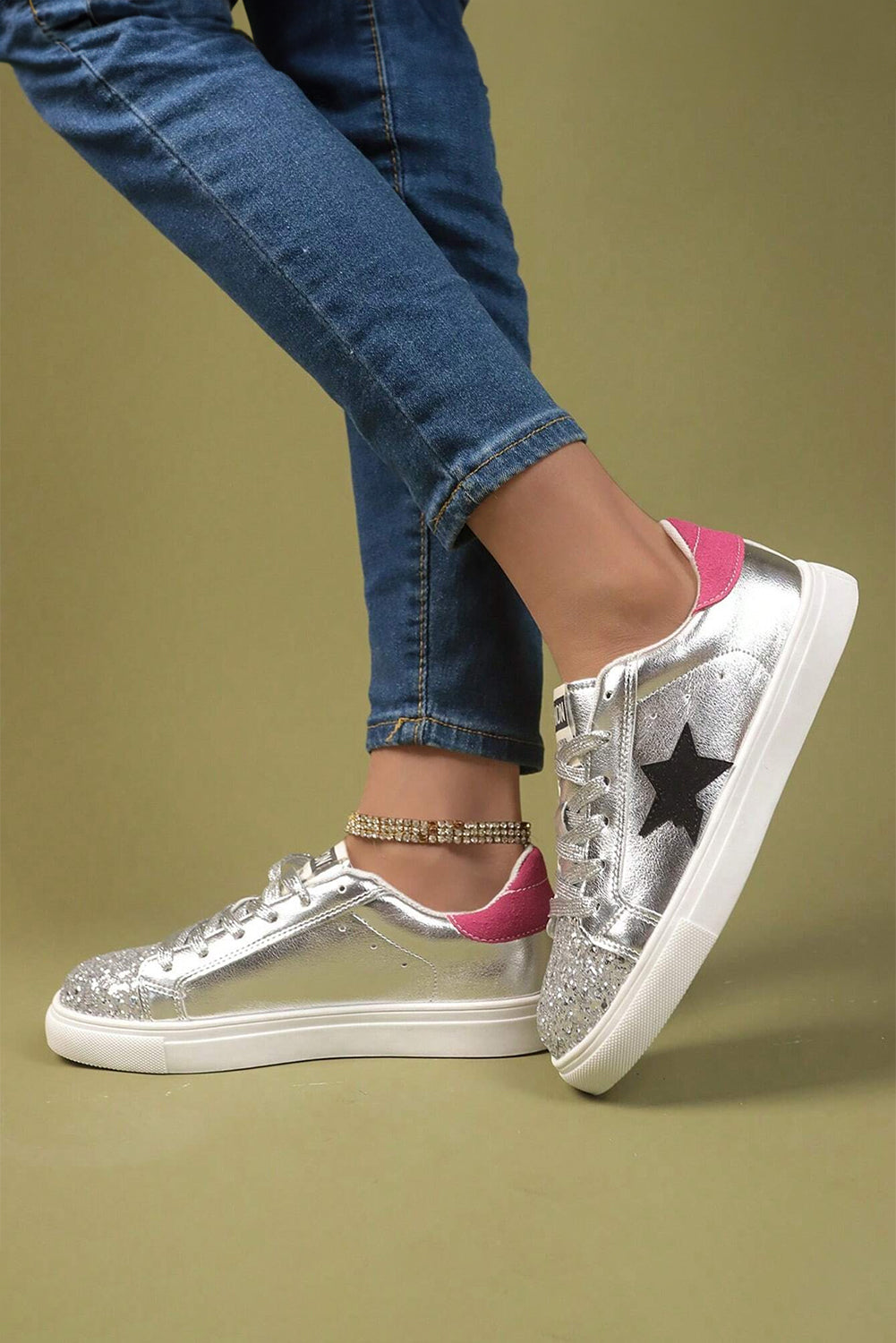 Silvery Metallic Luster Star Pattern Slip On Sneakers