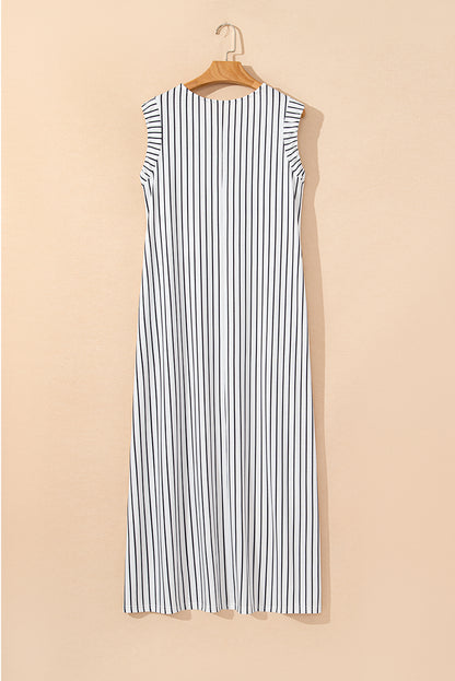 Black White Striped Round Neck Maxi Vest Dress