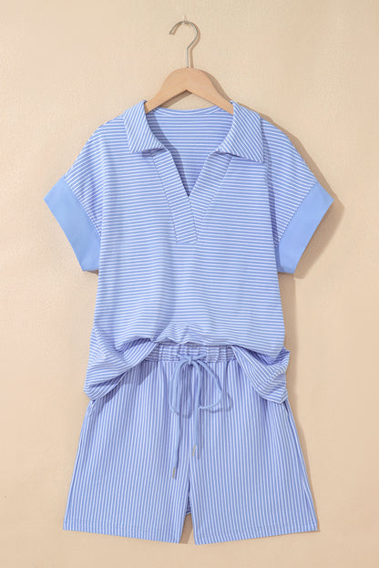 Purple Stripe Dolman Sleeve Polo Shirt and Drawstring Shorts Set