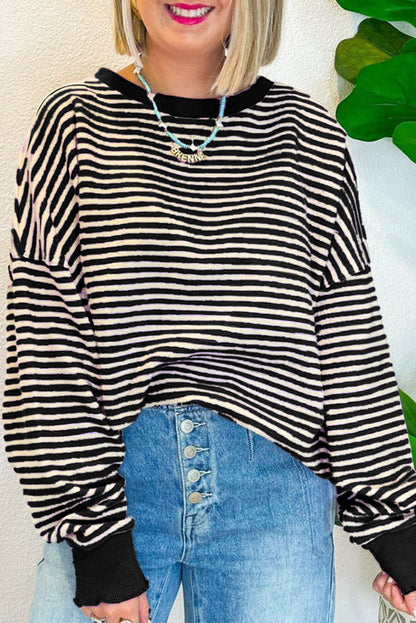 Black Stripe Drop Shoulder Long Sleeve Top