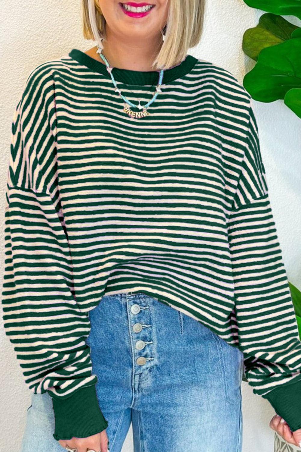 Black Stripe Drop Shoulder Long Sleeve Top