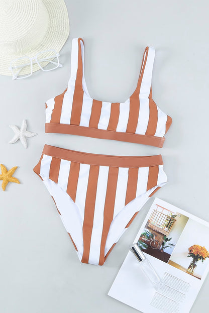 Brown Striped Colorblock Bikini Swimsuit