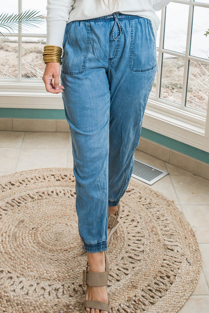 Dusk Blue Drawstring Waist Pocketed Plus Size Denim Joggers