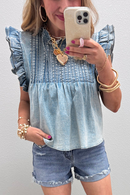 Beau Blue Ruffle Pleated Detail Vintage Washed Denim Top