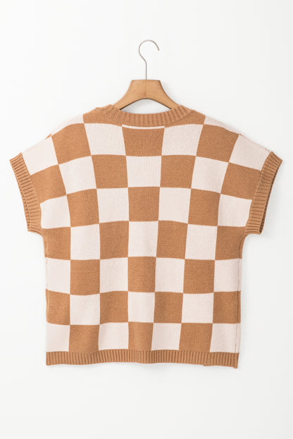 Light French Beige Checkered Knit Dolman Short Sleeve Sweater
