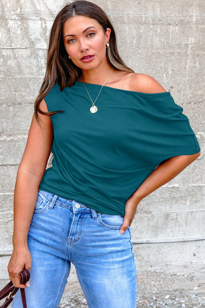 Black Plus Size Solid Color Asymmetric Neck Short Sleeve Blouse