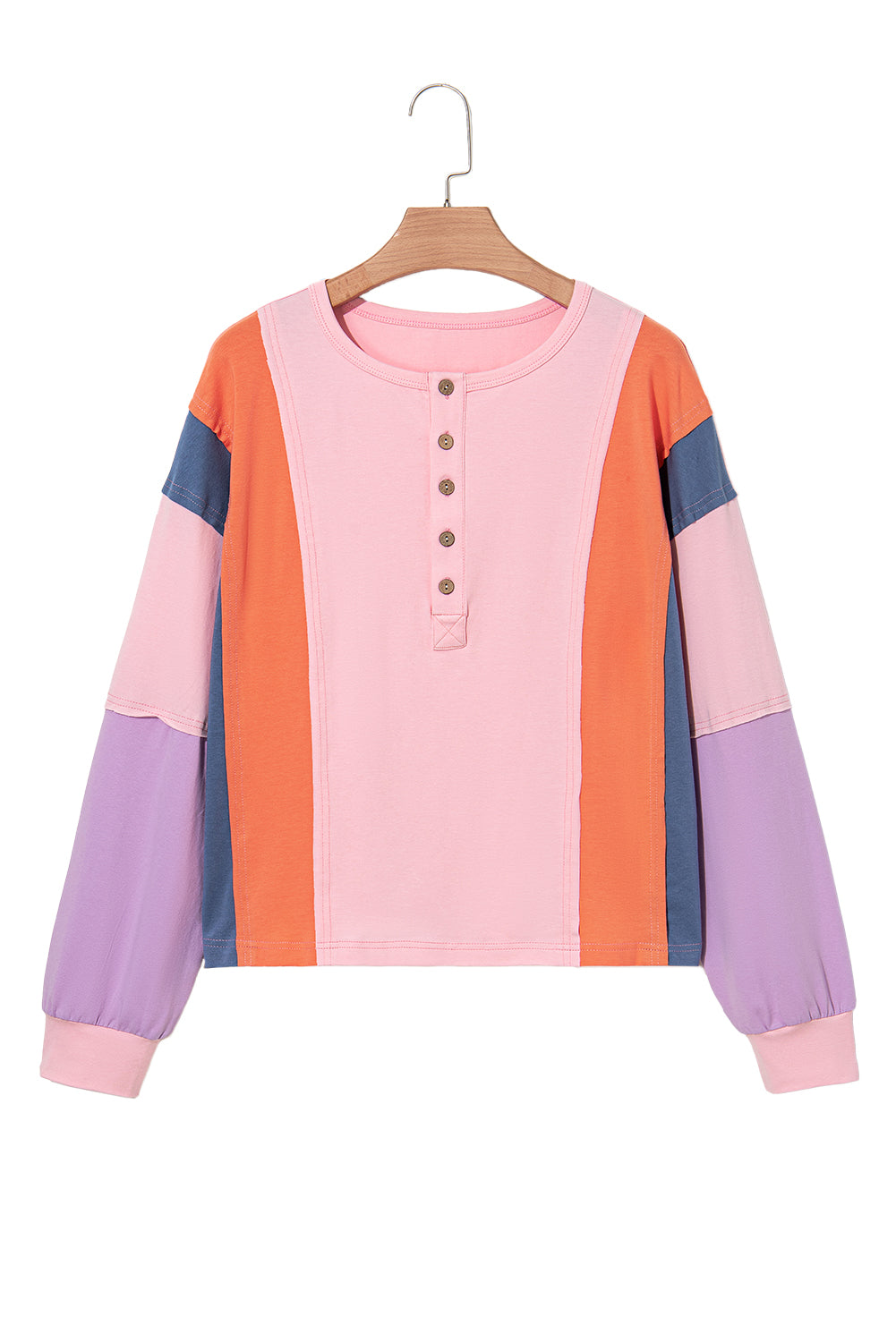 Pink Colorblock Long Sleeve Buttons Henley Top