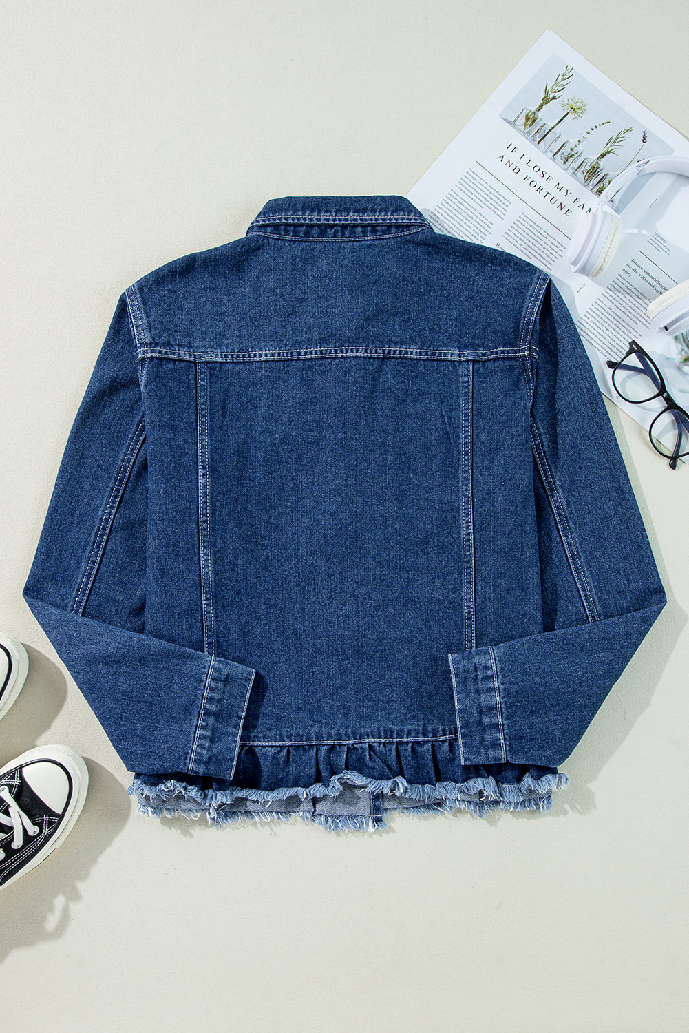 Navy Blue Ruffle Raw Hem Flap Pockets Denim Jacket