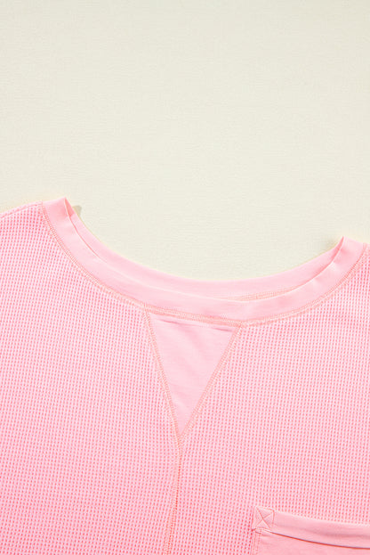 Pink Plus Size Waffle Knit Exposed Seam Tee and Shorts Set