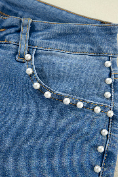 Dusk Blue Pearl Decor High Waist Flared Jeans