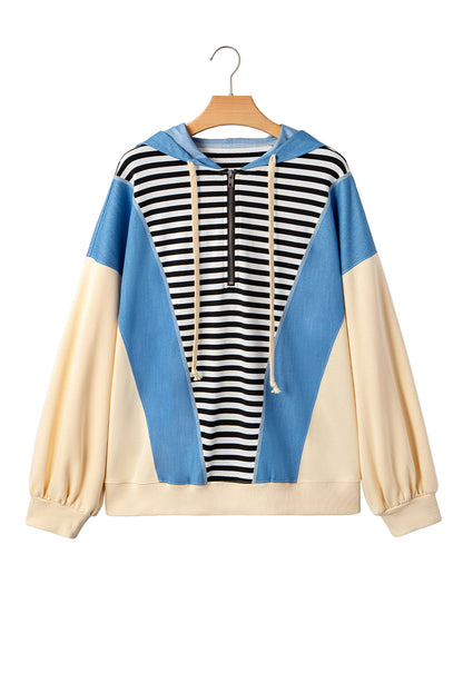 Black Stripe Denim Color Block Quarter Zip Baggy Drawstring Hoodie